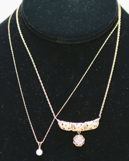 14K Gold Pearl Pendant Necklace & 14K Fold Necklace W/Diamond Pendant, 8.2 Grams