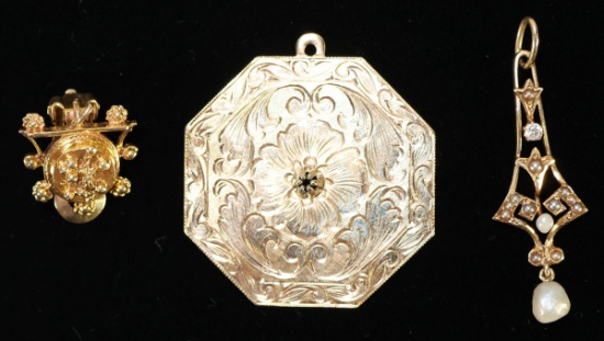 2 14K Gold Pendants & 1 Gold Clip-On Earring, 8.6 Grams