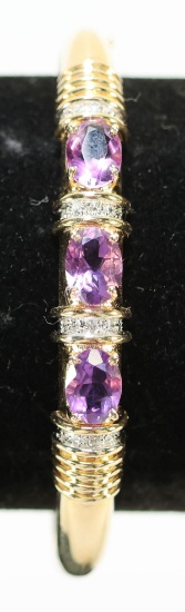 14K Gold Bracelet W/Purple Colored Stones & Diamond Chips, 19.0 Grams