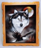 Vintage Black Velvet Wolf W/Eagle, By Gastro (?)