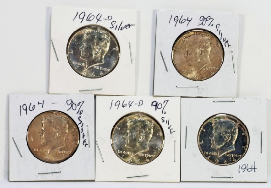 5 1964 Kennedy Half Dollars - 90% Silver