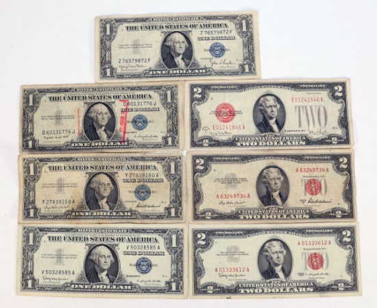 4 $1 Blue Seal Silver Certificates & 3 $2 Red Seal Notes