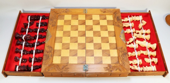 Asian/Chinese Chess Board & Hand Carved Wood Chest Folding Case