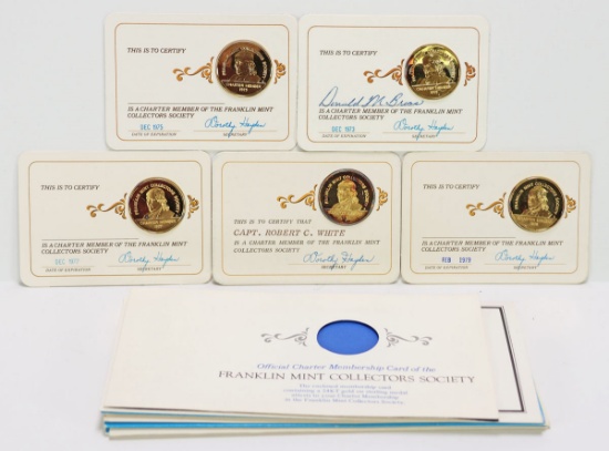 5 Franklin Mint Collectors Society 24K Gold On Sterling Medal Medals
