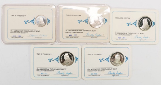 5 Franklin Mint Collectors Society Sterling Medal Medals