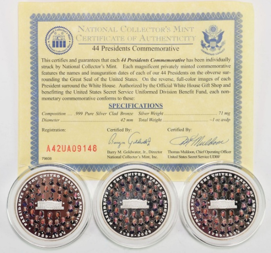 3 -44 Presidents Commemorative 2009 National Collector's Mint, COA Included