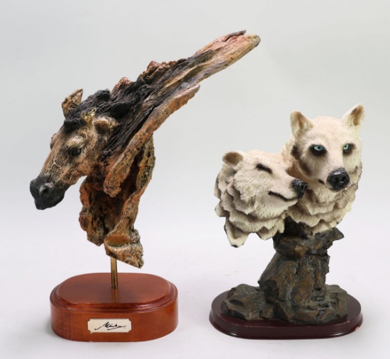 2 Art Sculptures; Horse & 2 Snow Wolves