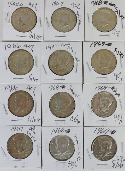 12 40% Silver Kennedy Half Dollars; 2-1965,3-1966,3-1967,3-1968,2-1969