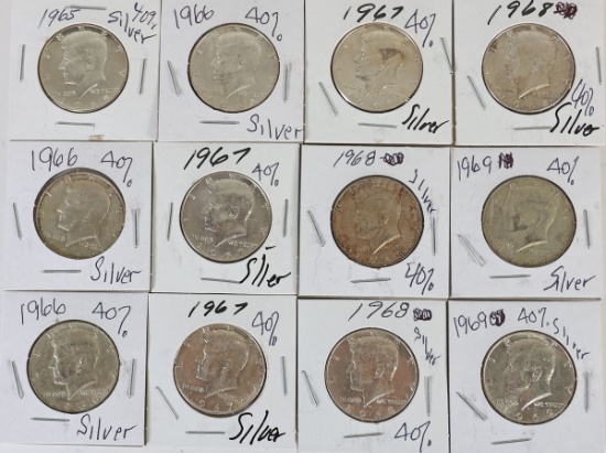 12 40% Silver Kennedy Half Dollars; 3-1966,3-1967,3-1968,3-1969
