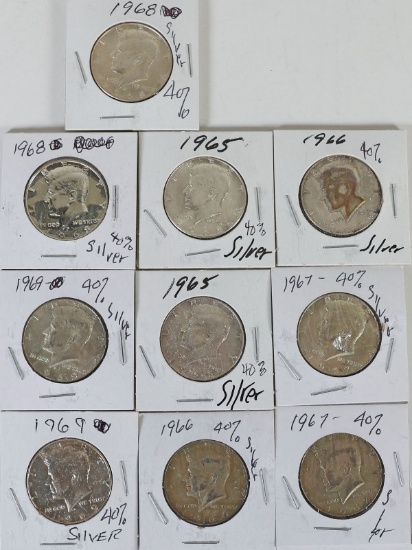 10 40% Silver Kennedy Half Dollars; 2-1965,2-1966,2-1967,2-1968,2-1969