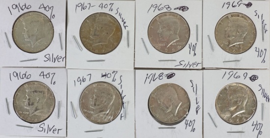 8 40% Silver Kennedy Half Dollars; 2-1966,2-1967,2-1968,2-1969