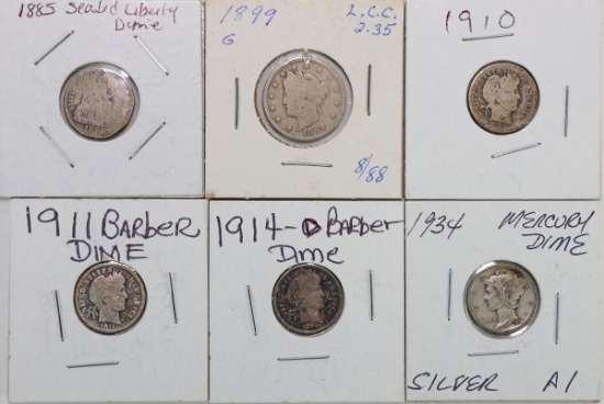 1885 Seated Liberty Dime, 1899 V Nickel, 1910/1911/1914D Barber Silver Dimes &