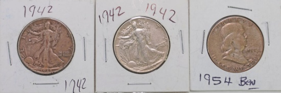 1942/1942-S Walking Liberty Silver Half Dollars & 1954 Franklin Silver Half Dollar