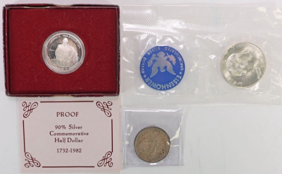 1982 George Washington 90% Silver Commemorative Half Dollar, Eisenhower UNC Silver Dollar &