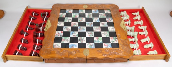Large Asian Chess Set W/Carved Dragon Oriental Wood Case &
