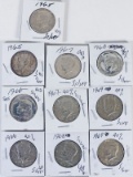 10 40% Silver Kennedy Half Dollars; 2-1965,2-1966,2-1967,2-1968,2-1969
