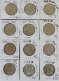12 40% Silver Kennedy Half Dollars; 2-1965,3-1966,3-1967,3-1968,2-1969