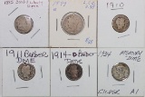 1885 Seated Liberty Dime, 1899 V Nickel, 1910/1911/1914D Barber Silver Dimes &