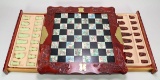 Asian Figure Chess Set W/Carved Dragon Oriental Wood Case &