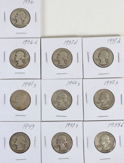 10 Washington Silver Quarters; Various Dates/Mints