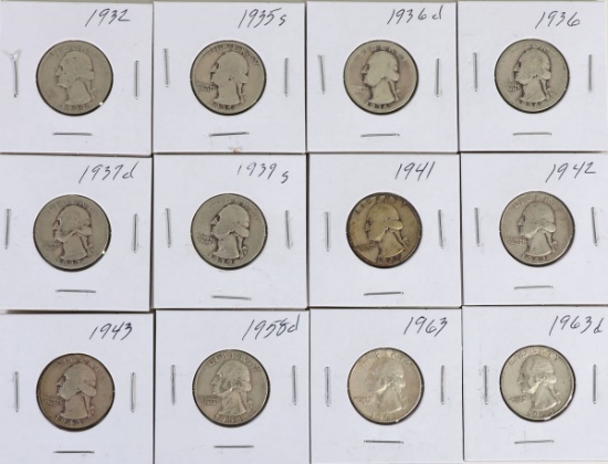 12 Washington Silver Quarters; Various Dates/Mints