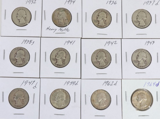 12 Washington Silver Quarters; Various Dates/Mints