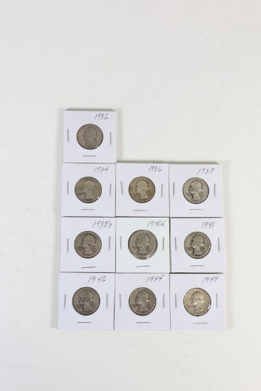 10 Washington Silver Quarters; Various Dates/Mints