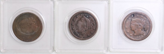 3 US Liberty Large One Cents; 1839, 1845, 1850