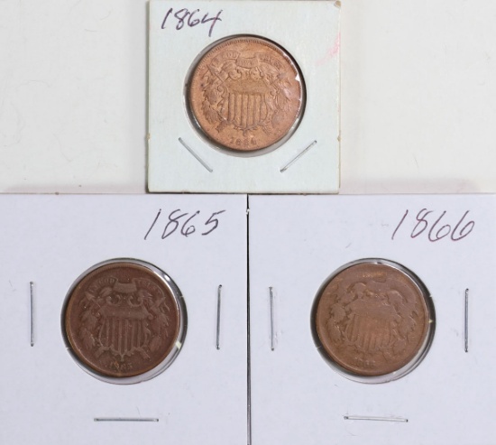 3 U.S. 2 Cent Pieces; 1864.1865,1866