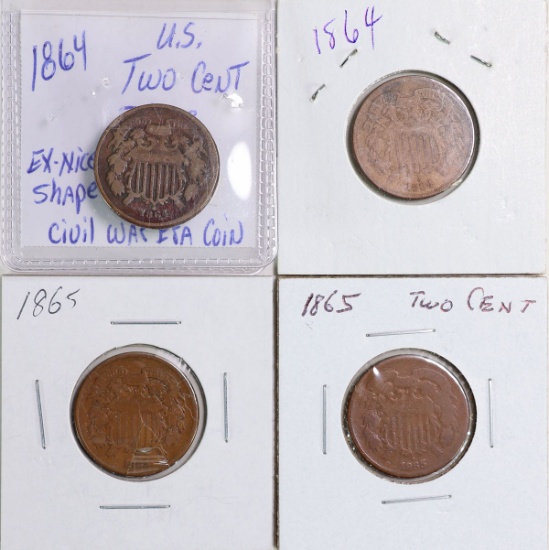 4 U.S. 2 Cent Pieces; 2-1864, 2-1865