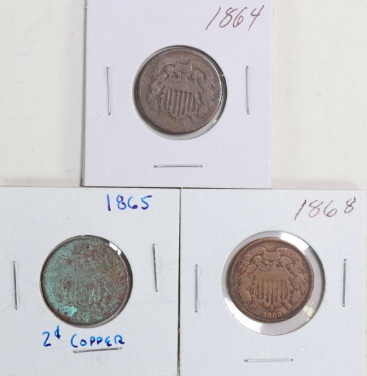 3 U.S. 2 Cent Pieces; 1864.1865,1868
