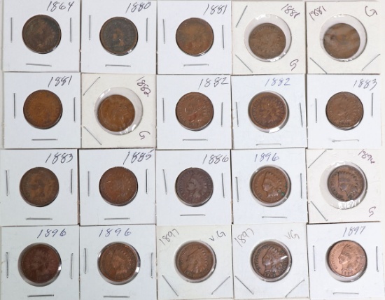 20 Indian Head Pennies; Various Dates
