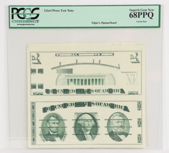 PCGS Certified Giori Press Test Note, Superb Gem New 68PPQ (Uncut Pair)