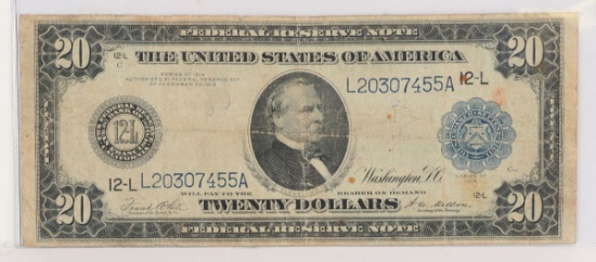 Series Of 1914 $20 Blue Seal Federal Reserve Note, 12-L L20307455A