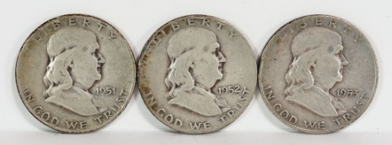 3 Franklin Silver Half Dollars, 1951-S,1952-S,1953-D