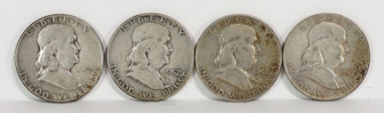 4 Franklin Silver Half Dollars; 1952-P,1952-D,1954-D,1957-D