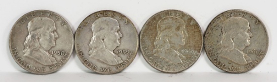 4 Franklin Silver Half Dollars; 1958-D,1959--D,1960-D,1961-D