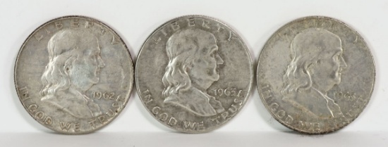 3 Franklin Silver Half Dollars; 1962-D, 2-1963-D