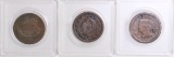 3 US Liberty Large One Cents; 1839, 1845, 1850