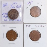 4 U.S. 2 Cent Pieces; 2-1864, 2-1865