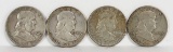 4 Franklin Silver Half Dollars; 1958-D,1959--D,1960-D,1961-D
