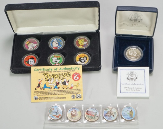 Popeye US Statehood Quarter Set, Colored Quarters & Susan B Anthony Proof Coin