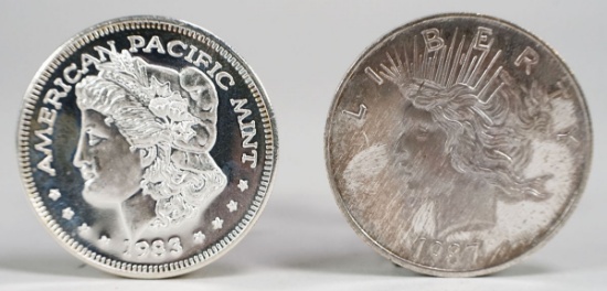 1987 Liberty 1 Troy Oz. .999 Fine Silver & 1983 American Pacific 1Troy Oz. .999 Fine Silver
