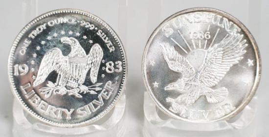 1986 Sunshine Silver 1 Troy Oz. .999 Fine Silver & 1983 Liberty Silver .999 Pure Silver Rounds