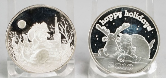 1998 Season's Greetings .999 Fine Silver & 2010 Happy Holidays 1 Troy Oz. .999 Fine Silver  Rounds