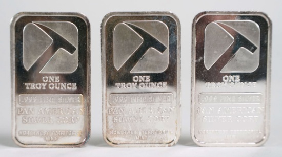3 Pan American Silver Bars; Each are 1 Troy Oz. .999 Fine Silver Bars