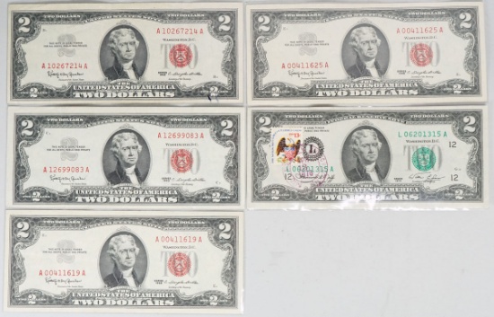 5 - $2 1963 Red Seal Notes & 1976 $2 Note