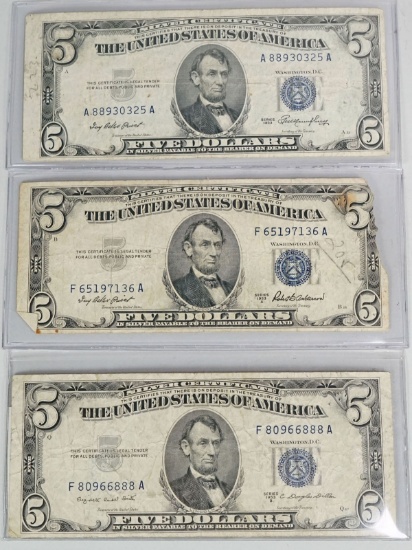 1953, 1953A, 1953B $5 Blue Seal Silver Certificates