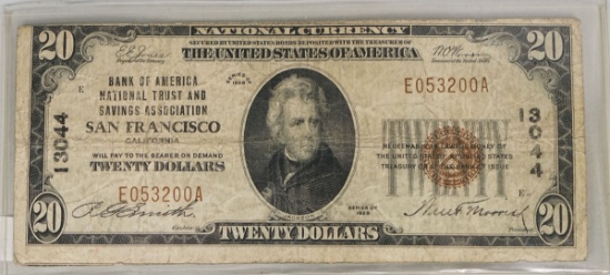 1929 $20 Brown Seal Note - Bank of America National Trust and Savings, San Francisco