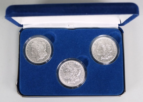 3 U.S. Mint Morgan Silver Dollars; 1921, 1921-D, 1921-S, In Box